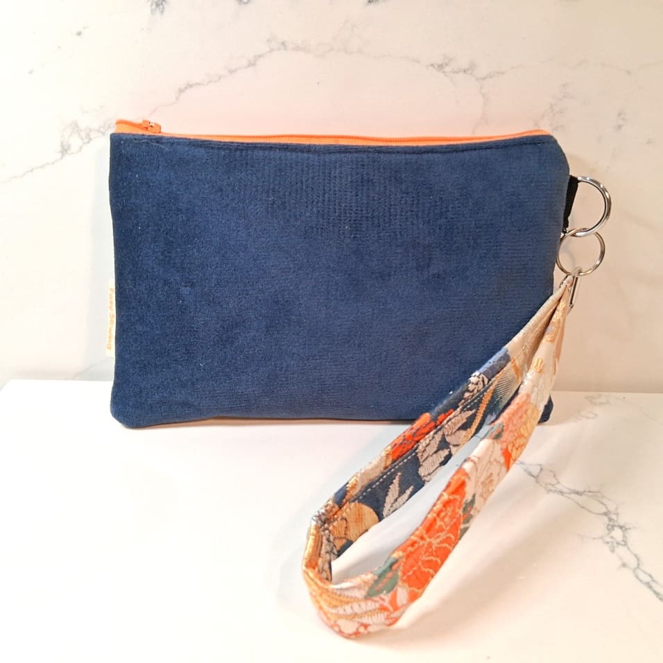 Blue and Orange Floral Recycled Silk Japanese Kimono Obi Zip Clutch Purse with Wristlet Strap - Image 2
