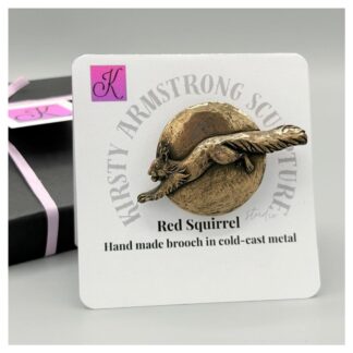 Circular brooch in cold cast bronze showing a leaping Red squirrel in front of a full sun by sculptor Kirsty Armstrong