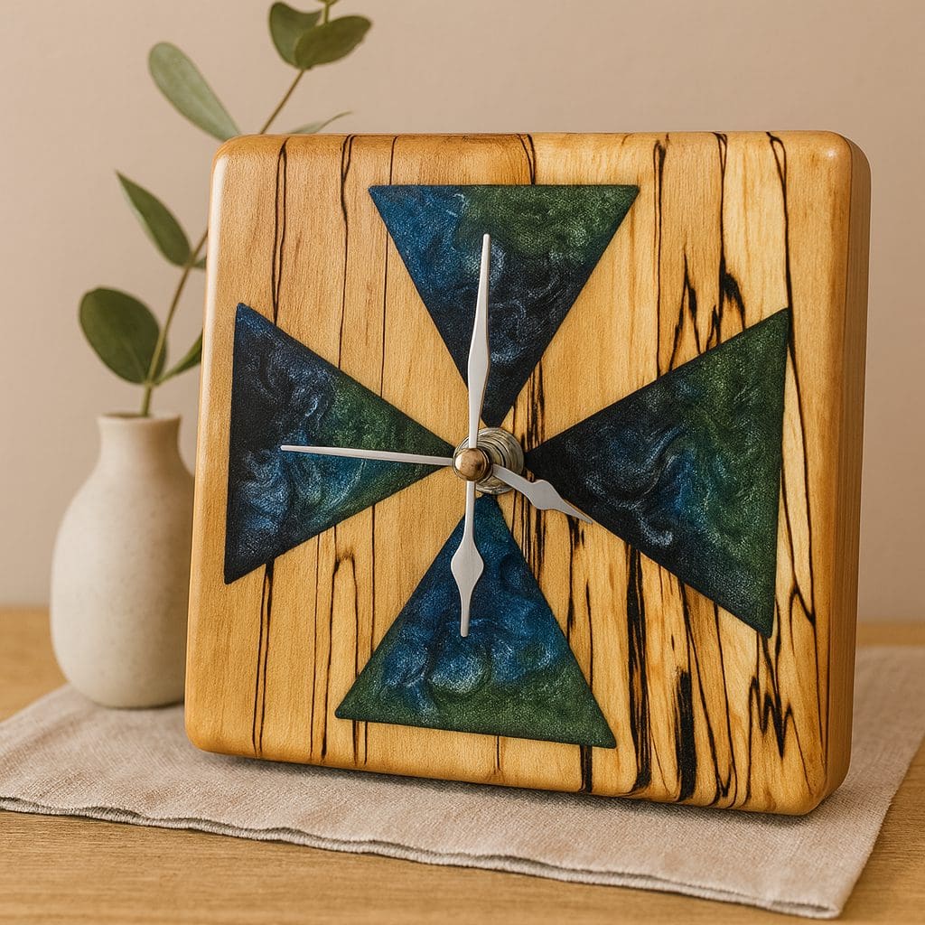 Handcrafted Spalted Beech Mantle Clock with Triangular Resin Inlays
