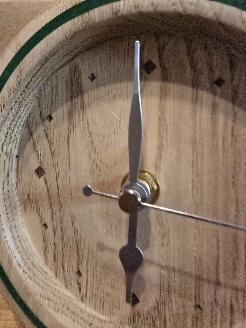 Hand-Turned Sweet Chestnut Mantle Clock with Green Resin Inlay - Image 8