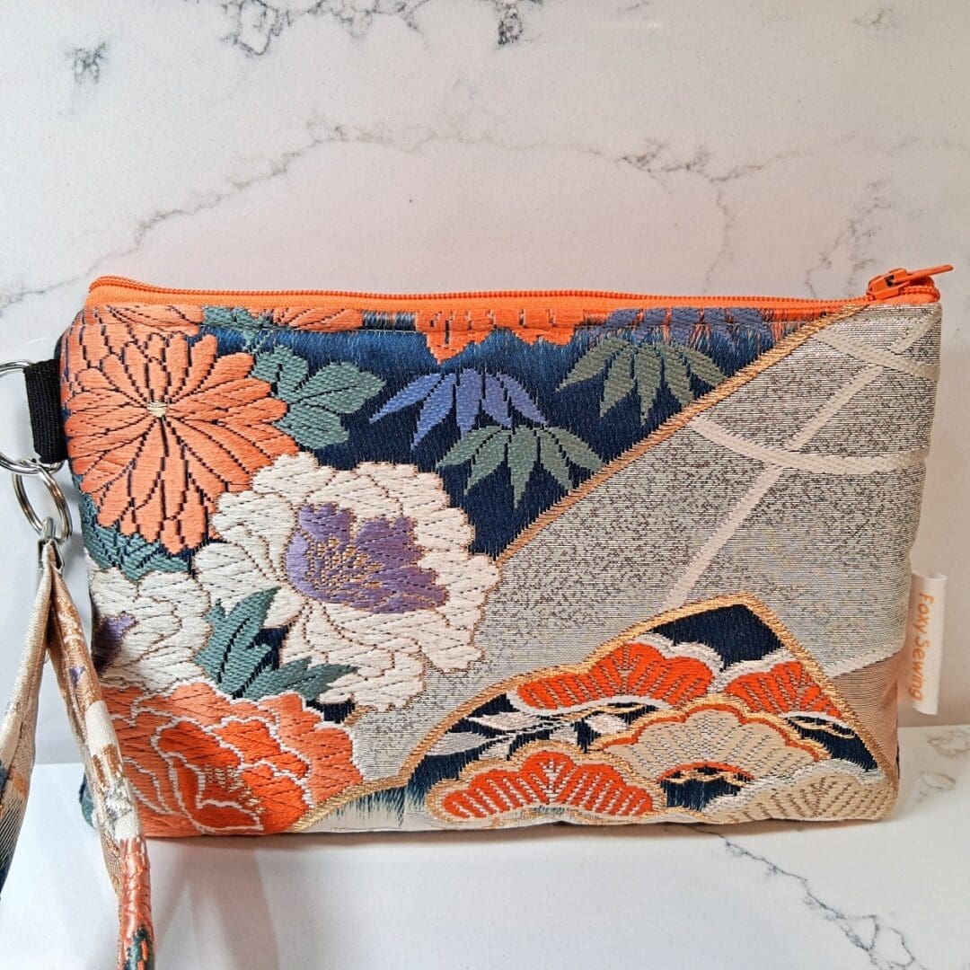 Blue and Orange Floral Recycled Silk Japanese Kimono Obi Zip Clutch Purse with Wristlet Strap - Image 3