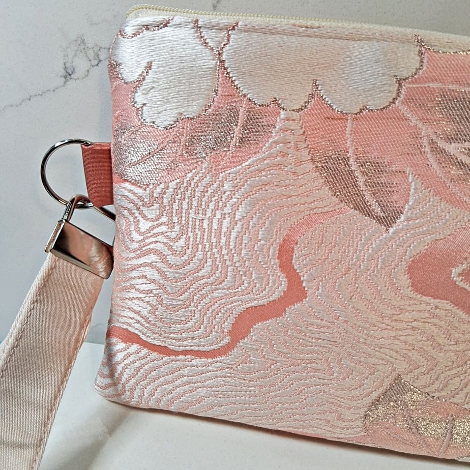 Pale Pink Floral Recycled Silk Japanese Kimono Obi Zip Clutch Purse with Wristlet Strap - Image 3