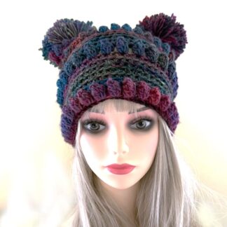 dark purple pom pom beanie
