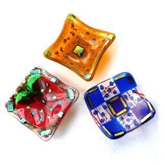Fused glass dish handmade choice of red apple, golden yellow or Blue check