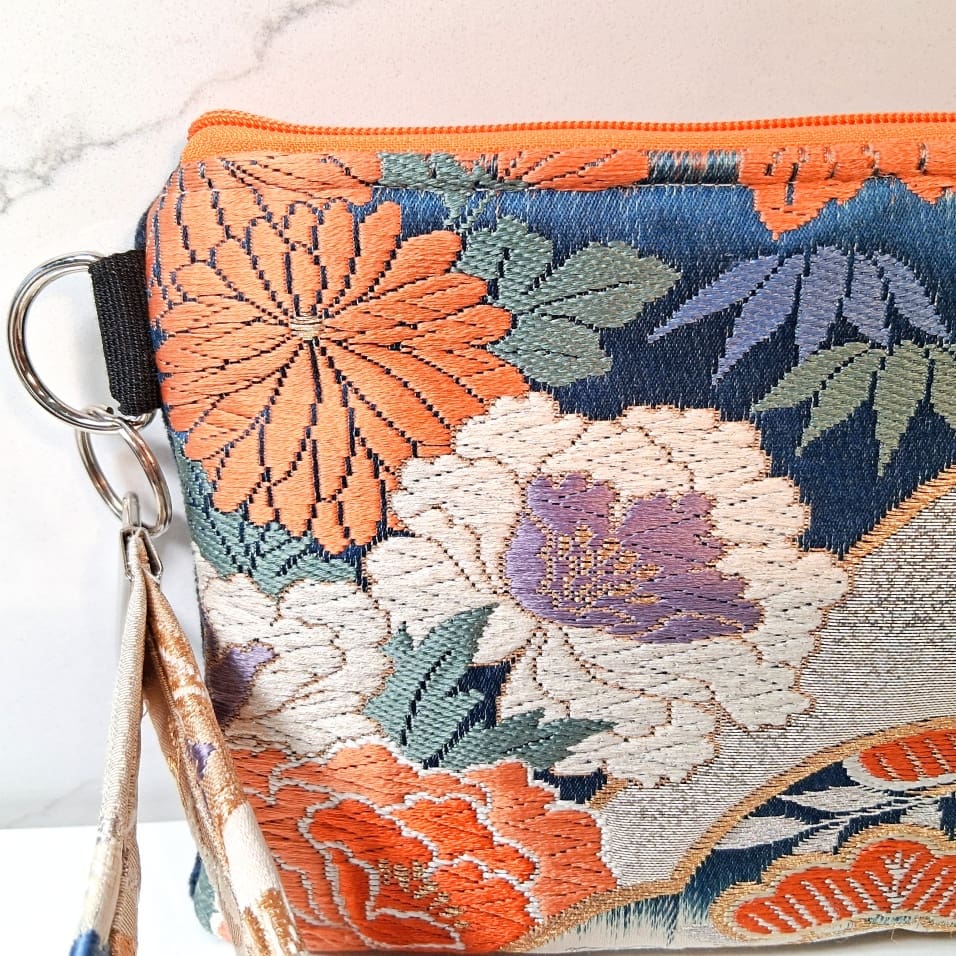 Blue and Orange Floral Recycled Silk Japanese Kimono Obi Zip Clutch Purse with Wristlet Strap - Image 5