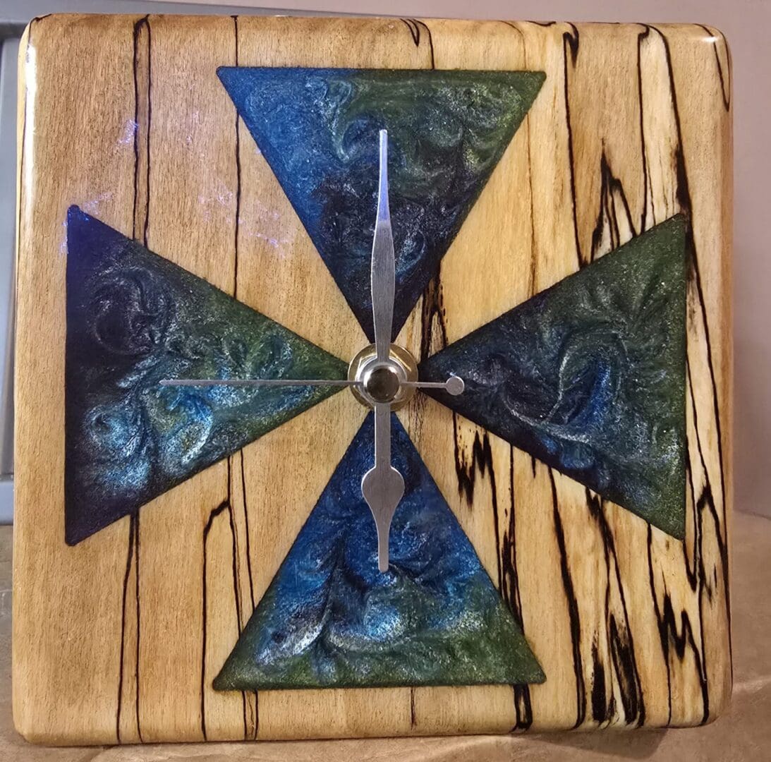 Handmade Spalted Beech Clock with Blue–Green Resin Triangles – 150mm