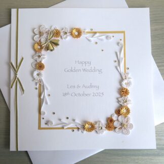 Handmade quilled personalised golden 50th wedding anniversary congratulations card