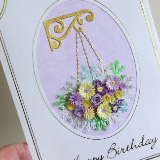 Handmade birthday card with quilled flower hanging basket