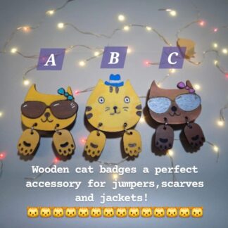 Hand Painted Wooden Cat Brooch | Cute Cool Cat Pin Badge with Dangling Paws
