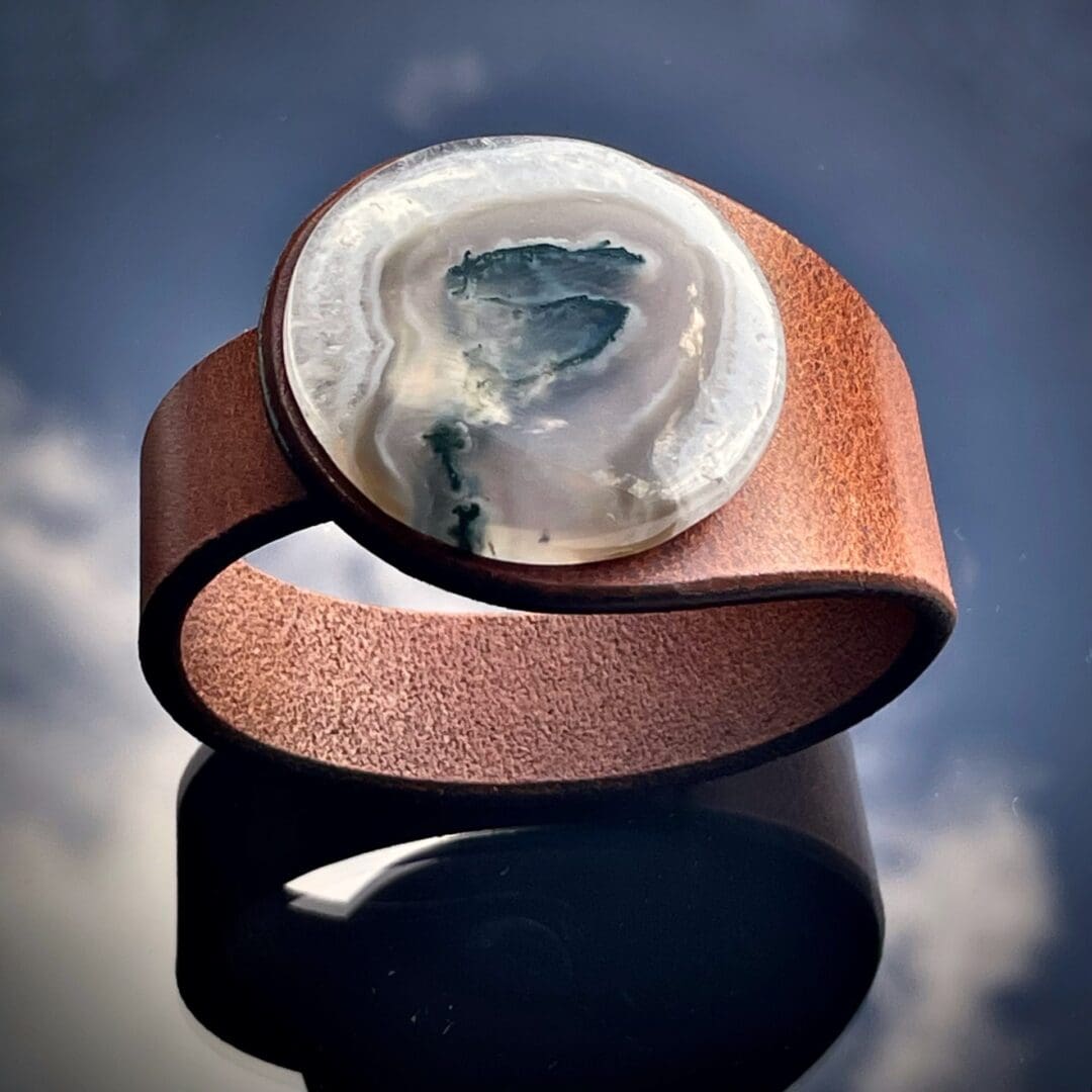 Brown leather and Solar Moss Agate bracelet