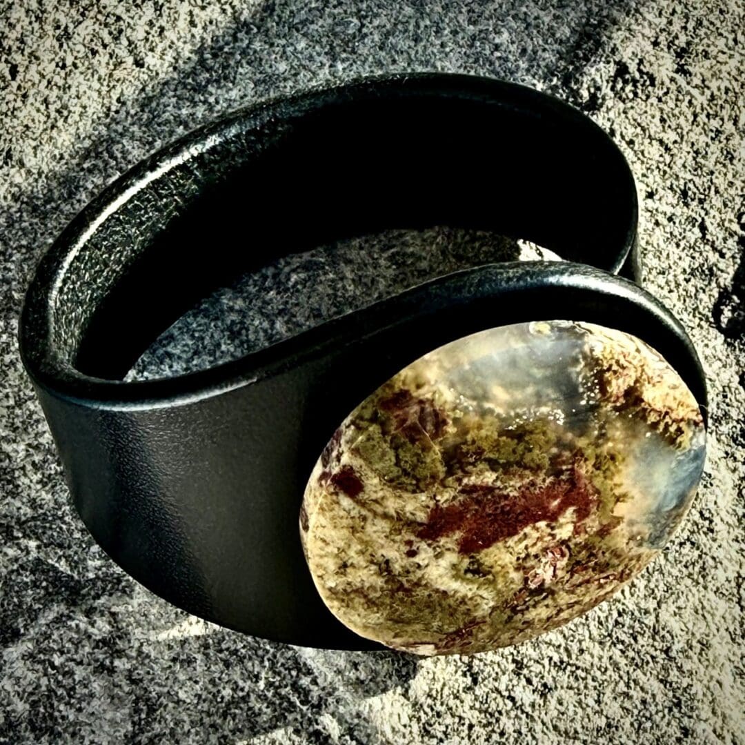 black leather nature inspired moss agate cuff bracelet