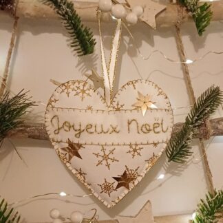 Joyeux Noel white and gold fabric hanging heart Christmas tree decoration by lyndawilcansew hung on a decorative rustic twig tree