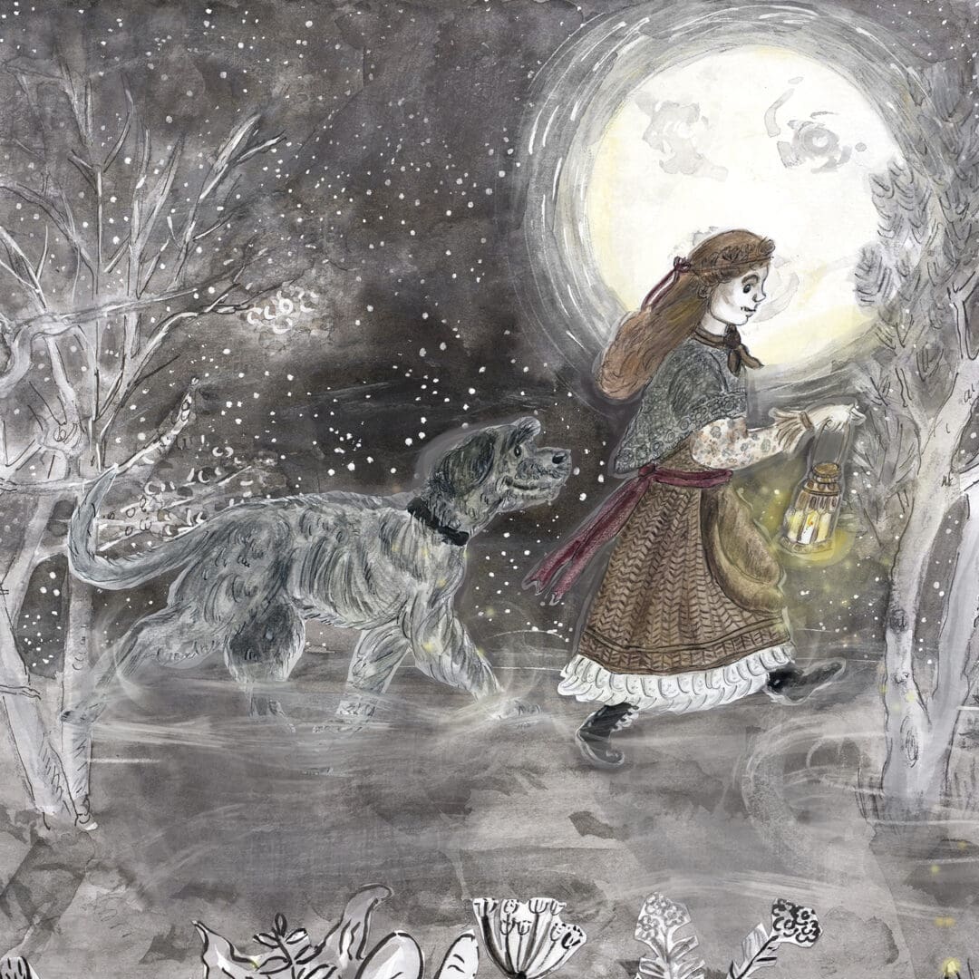A4 Giclee Print of Original Artwork 'Girl walking her Dog in Mystica,l Misty, Moonlight Wood' - Image 3