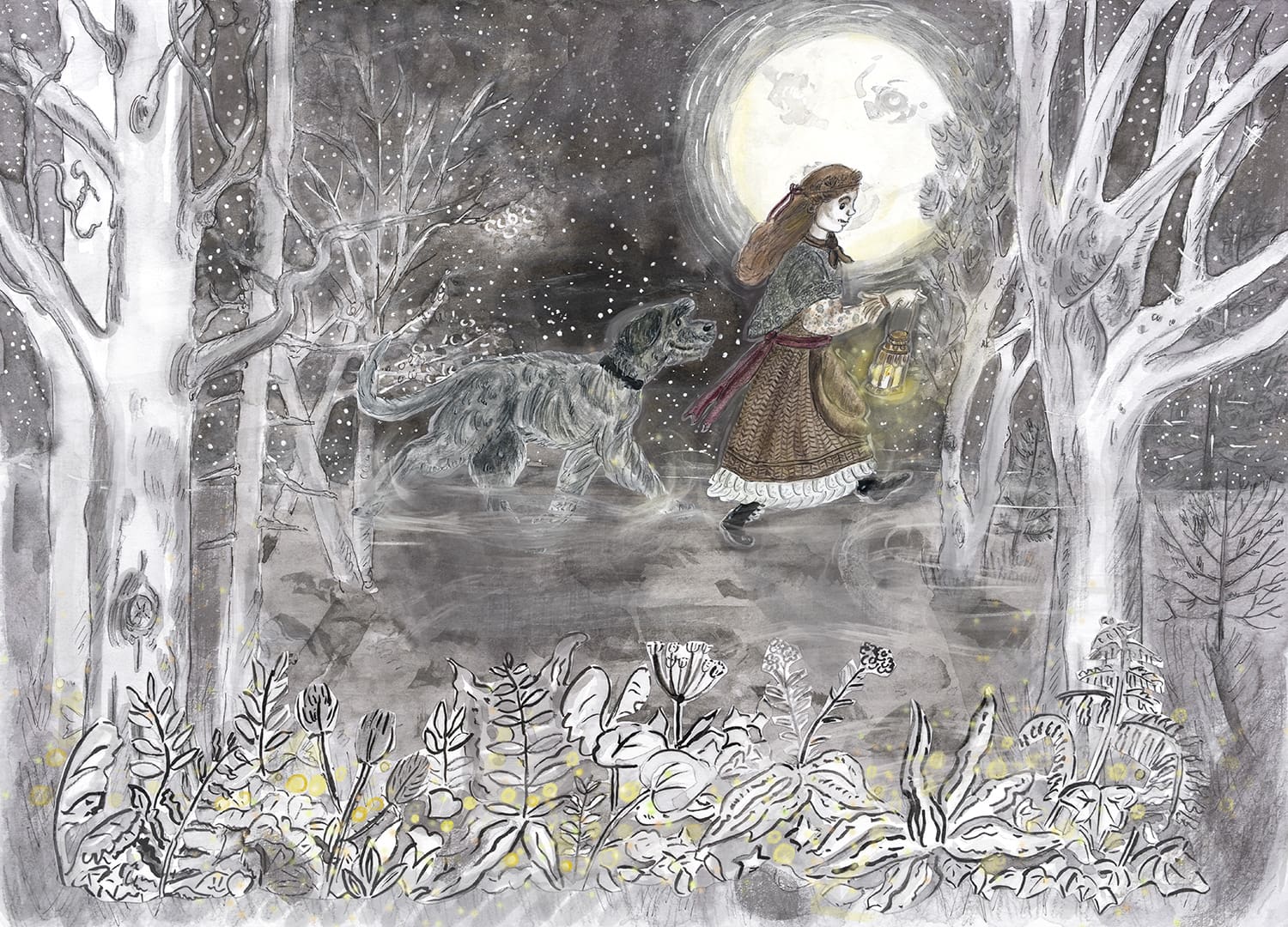 A4 Giclee Print of Original Artwork 'Girl walking her Dog in Mystica,l Misty, Moonlight Wood' - Image 2