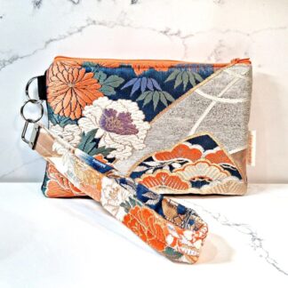 Blue and Orange Floral Recycled Silk Japanese Kimono Obi Zip Clutch Purse with Wristlet Strap