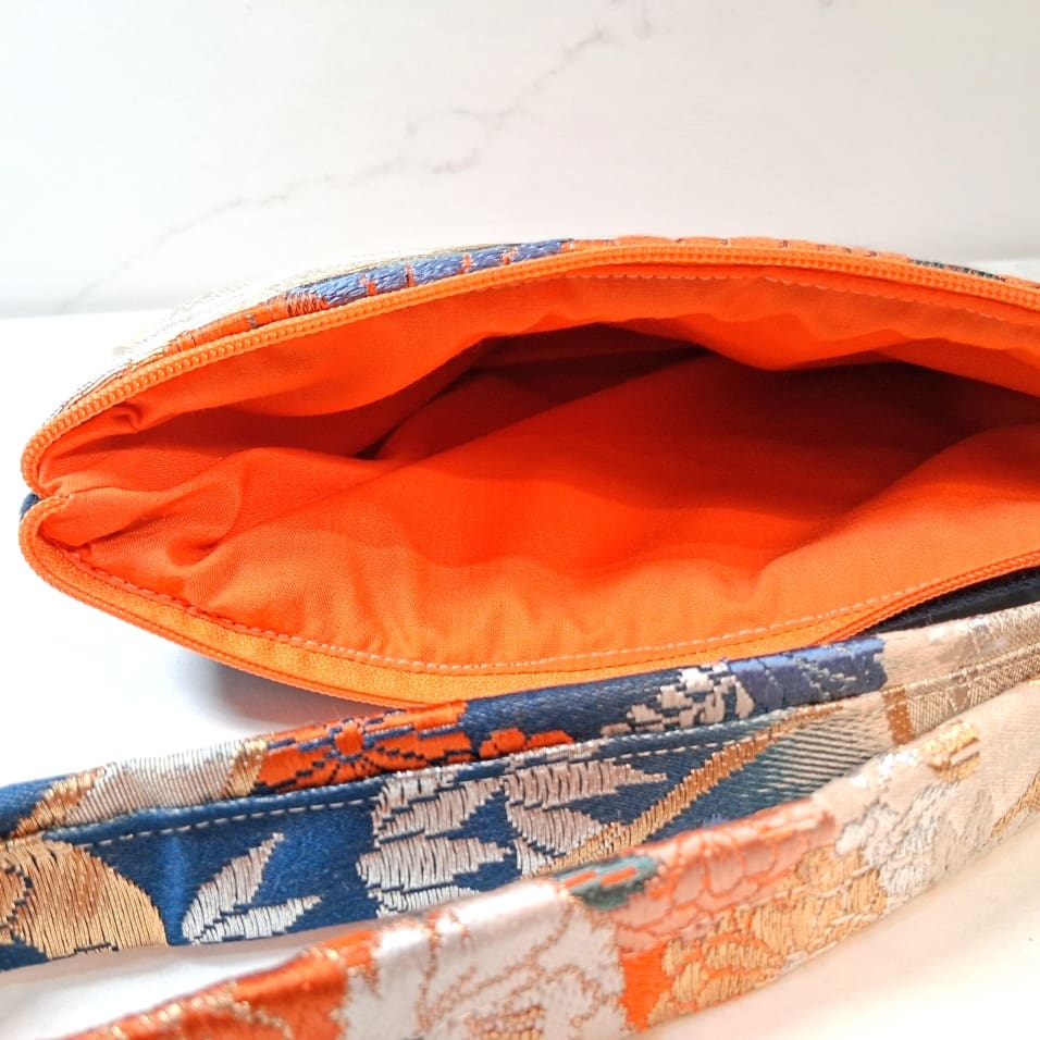 Blue and Orange Floral Recycled Silk Japanese Kimono Obi Zip Clutch Purse with Wristlet Strap - Image 6