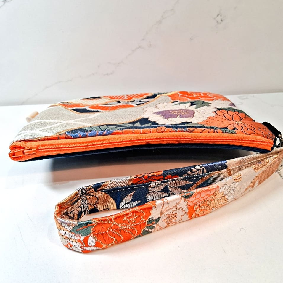 Blue and Orange Floral Recycled Silk Japanese Kimono Obi Zip Clutch Purse with Wristlet Strap - Image 7
