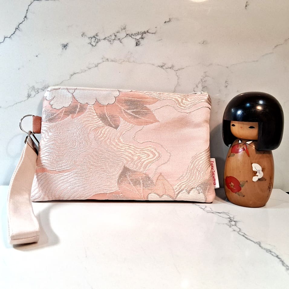Pale Pink Floral Recycled Silk Japanese Kimono Obi Zip Clutch Purse with Wristlet Strap