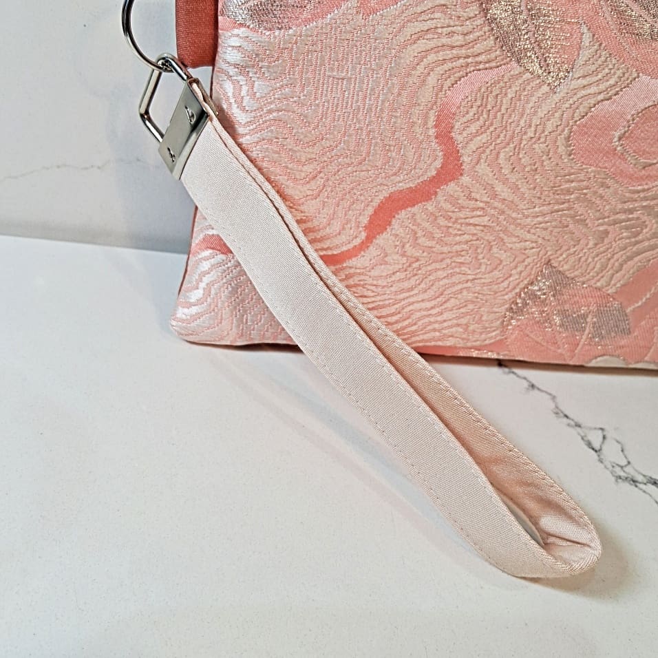 Pale Pink Floral Recycled Silk Japanese Kimono Obi Zip Clutch Purse with Wristlet Strap - Image 8