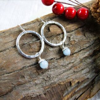 Silver and aquamarine gemstone hoop earrings