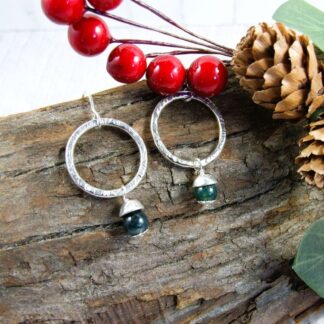 small silver hoop and moss agate earrings