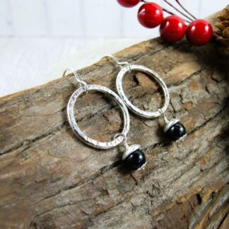 Silver and black tourmaline hoop earrings