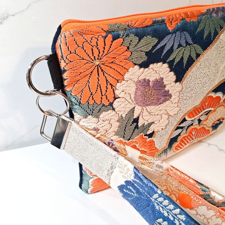 Blue and Orange Floral Recycled Silk Japanese Kimono Obi Zip Clutch Purse with Wristlet Strap - Image 8