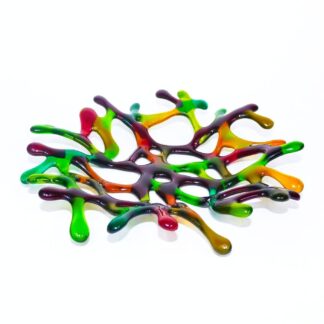 A fused glass rainbow coloured bowl designed to look like coral