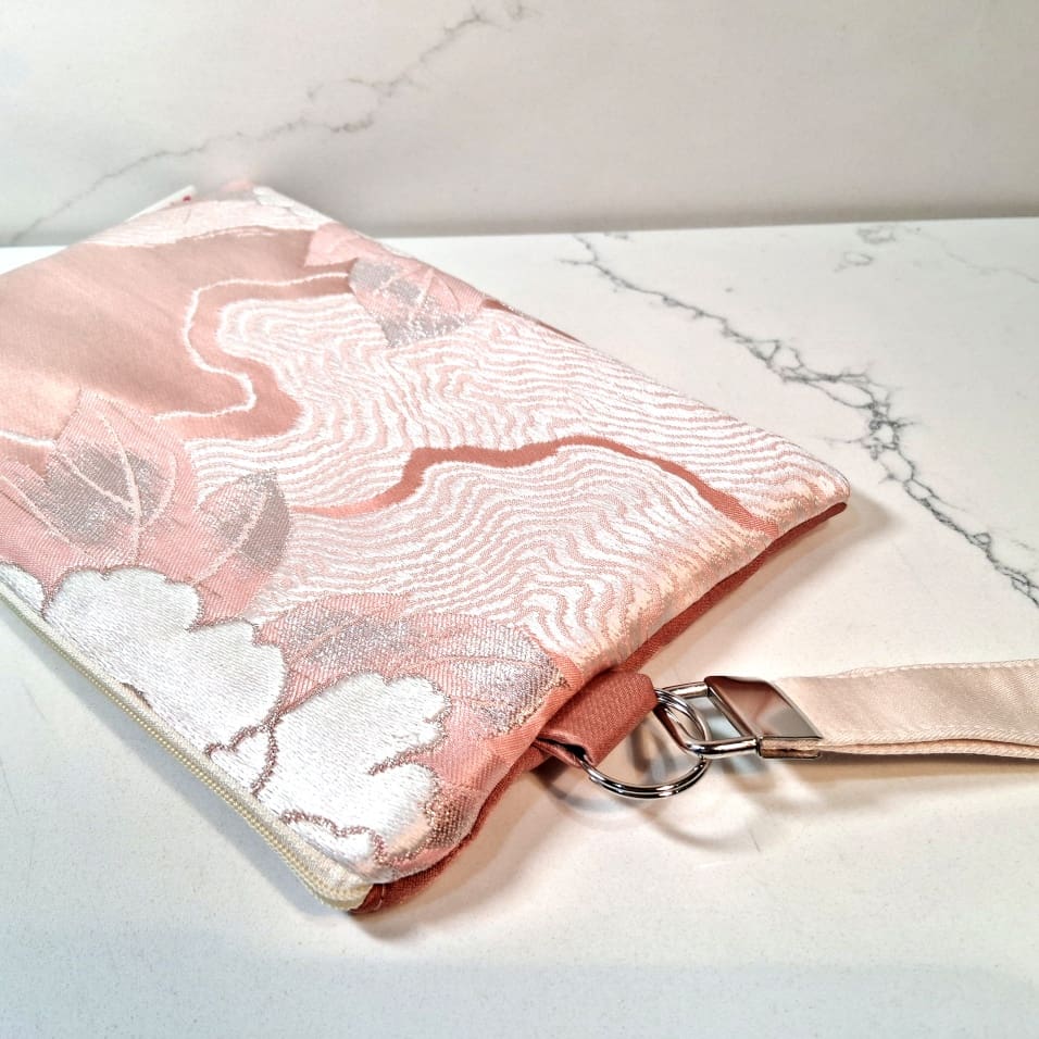 Pale Pink Floral Recycled Silk Japanese Kimono Obi Zip Clutch Purse with Wristlet Strap - Image 4
