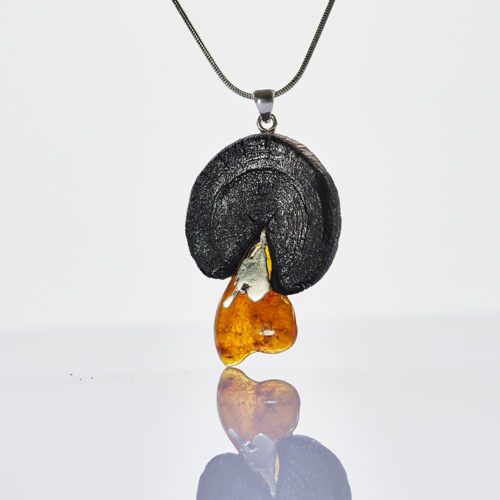 Baltic Amber Eucalyptus Wood Sterling Silver pendant necklace