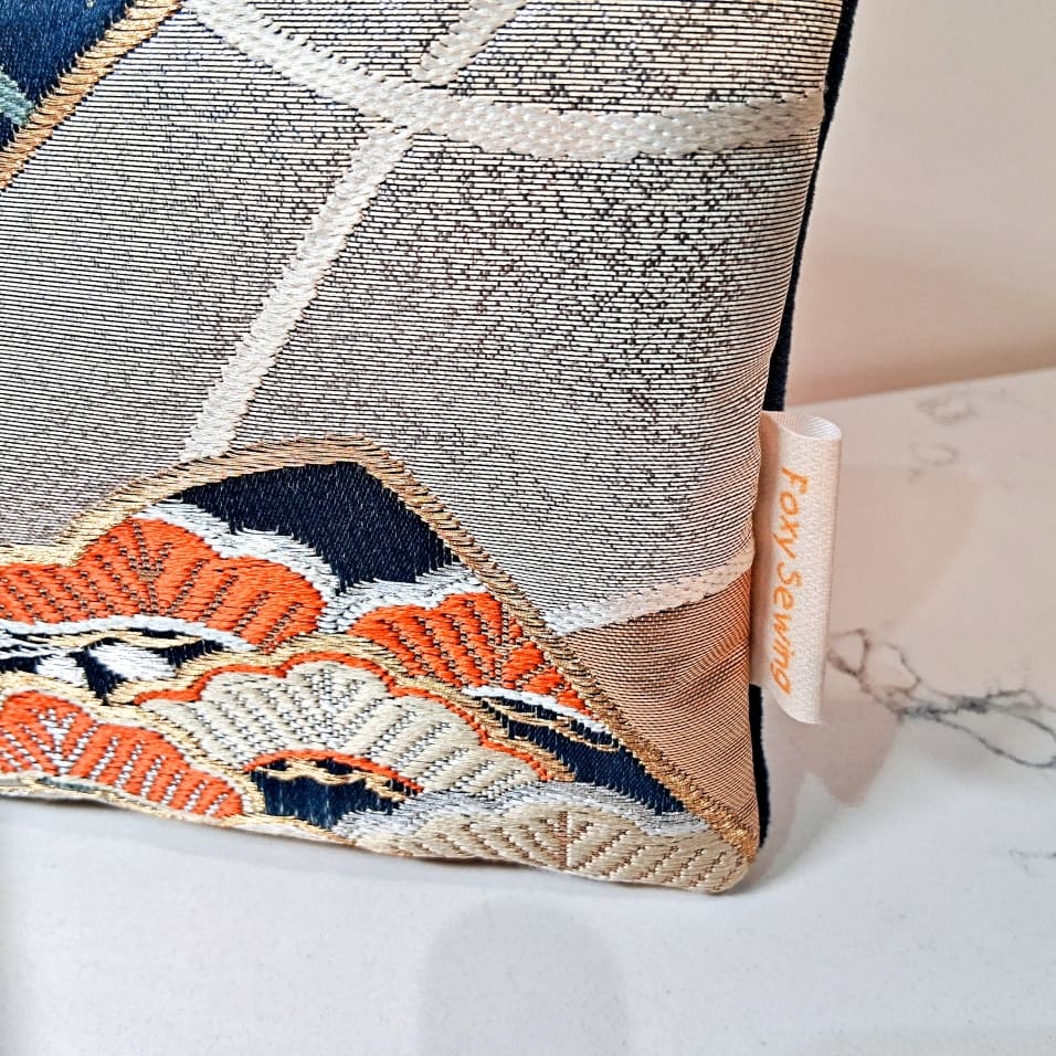 Blue and Orange Floral Recycled Silk Japanese Kimono Obi Zip Clutch Purse with Wristlet Strap - Image 4