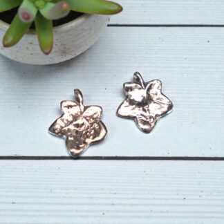 A pair of silver studs shaped like vine leaves resting on a white wooden table. Just behind the earrings and to the top left of the picture is a small white pot with a little succulent plant in it.