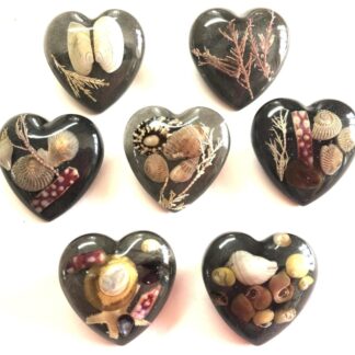 Love heart brooch, resin jewellery with shells