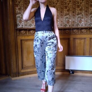 Silver metallic wide leg culotte trousers, high waisted, with black jacquard design