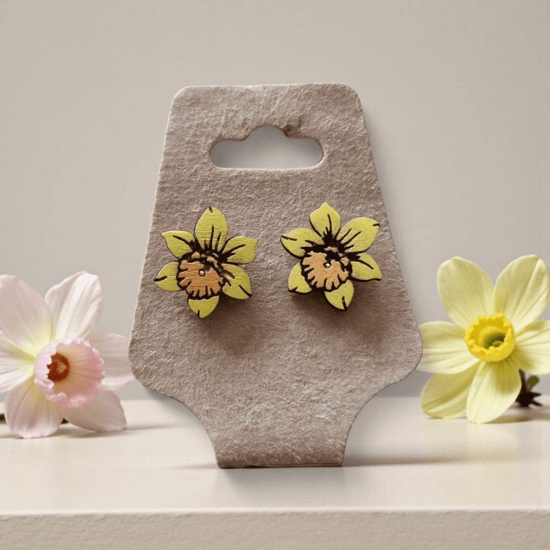 Wooden Handpainted Stud Daffodil Earrings - Image 2