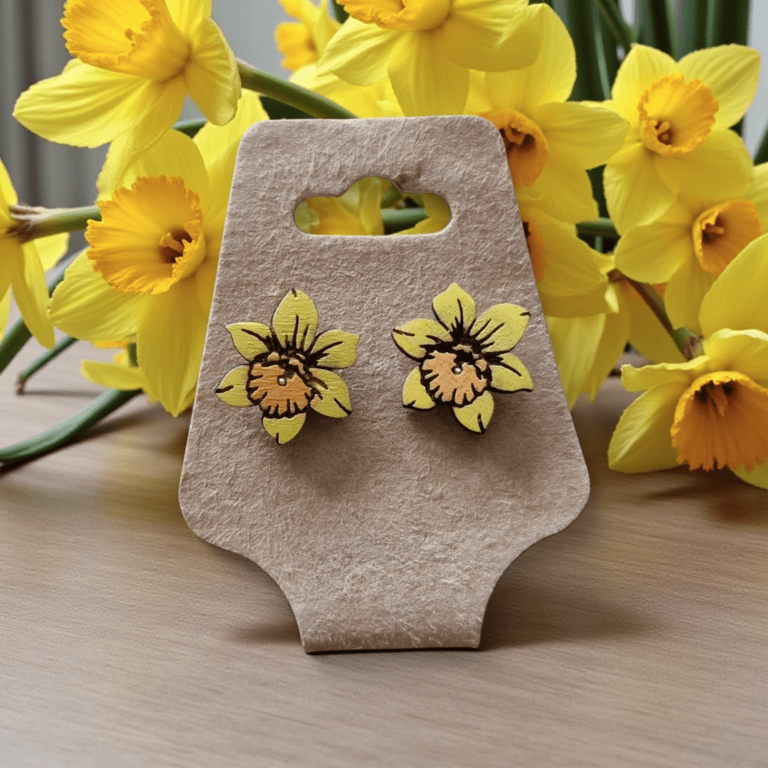 Wooden Handpainted Stud Daffodil Earrings - Image 5