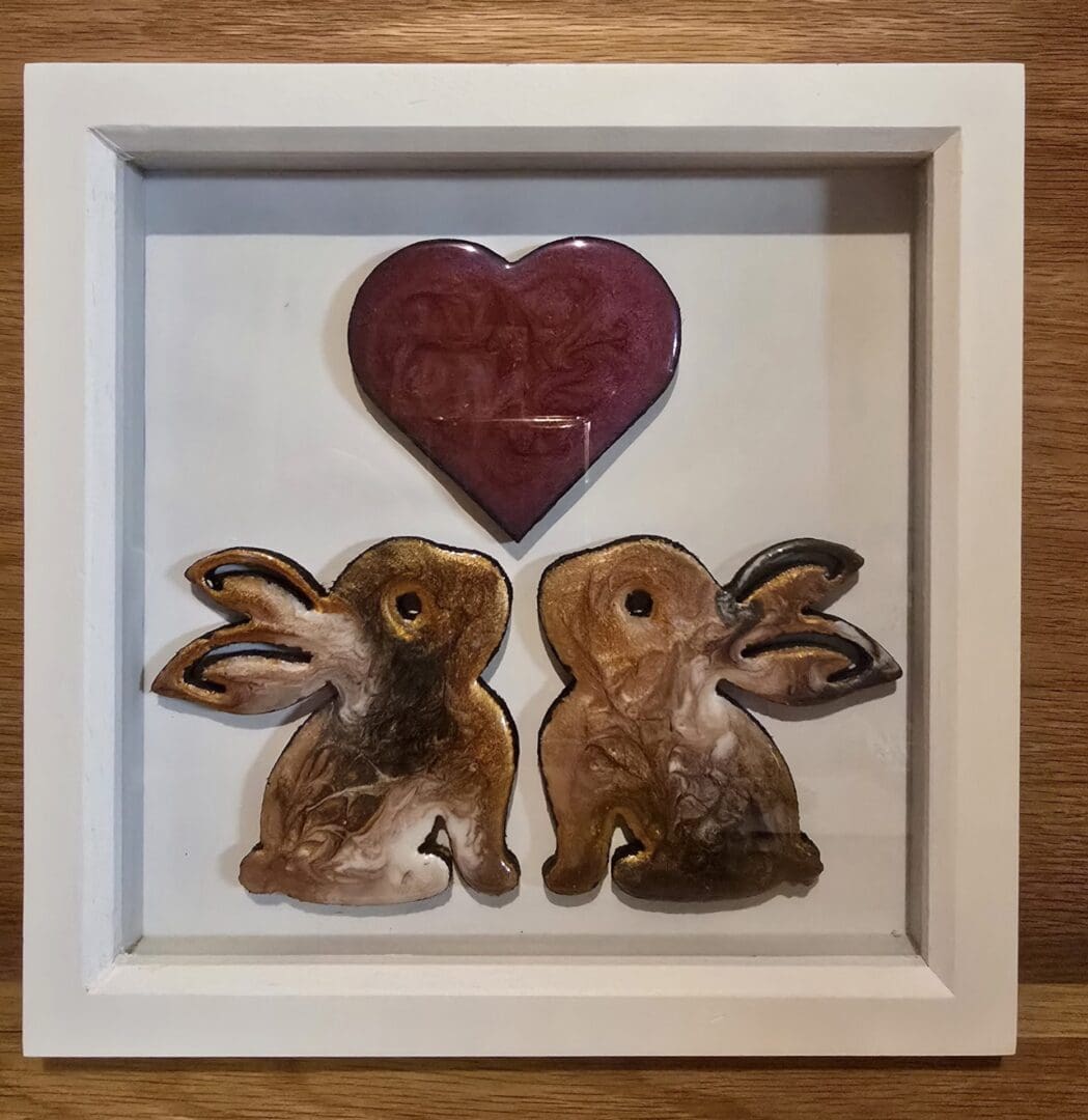 Handcrafted Resin Wall Art – Paired Hearts Rabbits - Image 2
