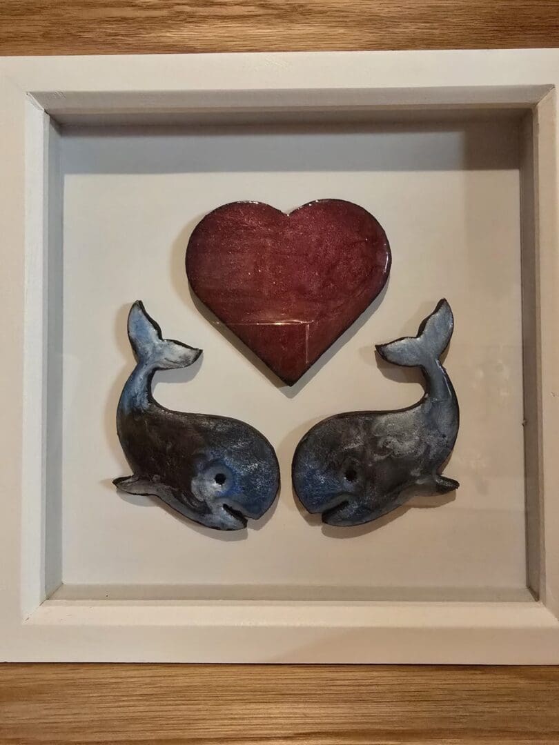 Handcrafted Resin Wall Art – Paired Hearts Whales - Image 2
