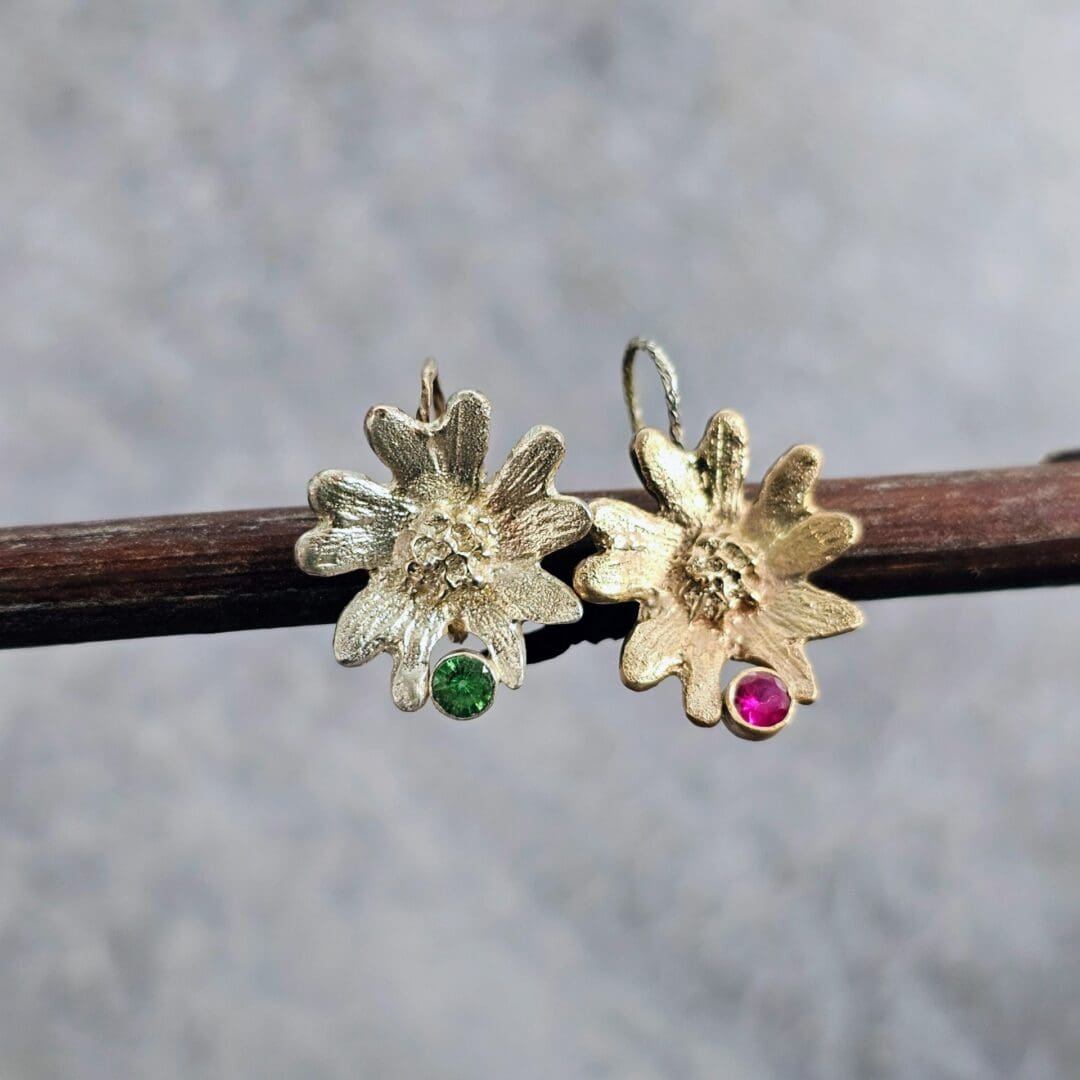 9ct gold and silver hand carved flower earrings, tsavorite and lab ruby, Isobel Kelly Jewellery