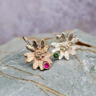 9ct gold and silver hand carved flower earrings, tsavorite and lab ruby, rock shot, Isobel Kelly Jewellery