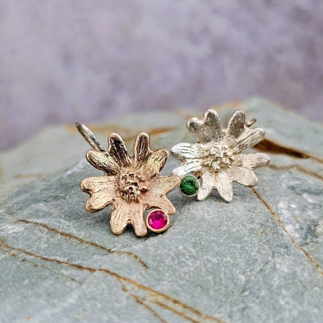 9ct gold and silver hand carved flower earrings, tsavorite and lab ruby, rock shot, Isobel Kelly Jewellery