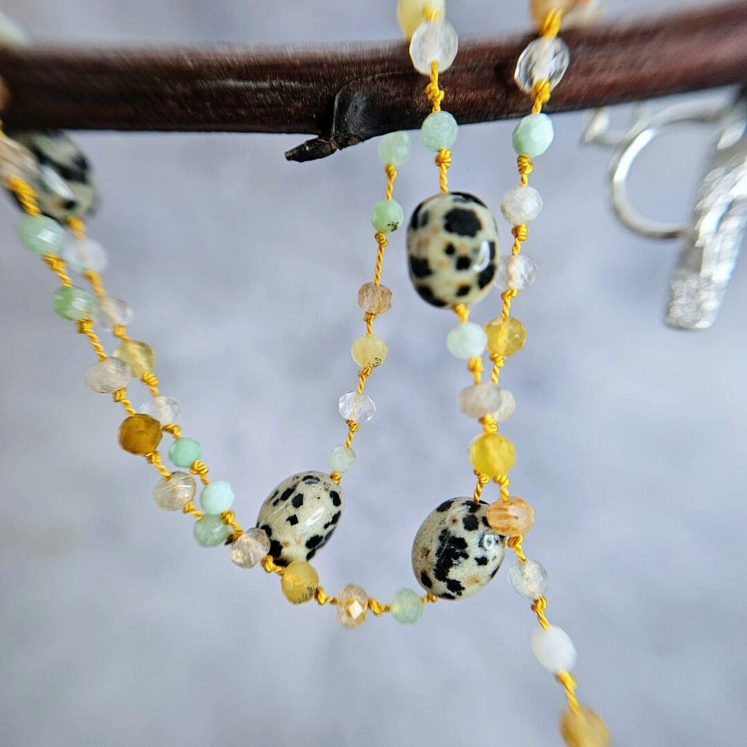 Chrysoprase, yellow opal, rutilated quartz, Dalmatian jasper knotted strand, silver toggle, bead details, Isobel Kelly Jewellery