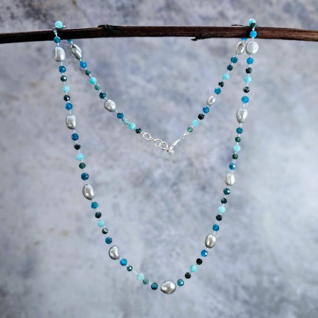 Grey baroque pearl, blue tourmaline, apatite and amazonite, hanging, Isobel Kelly Jewellery