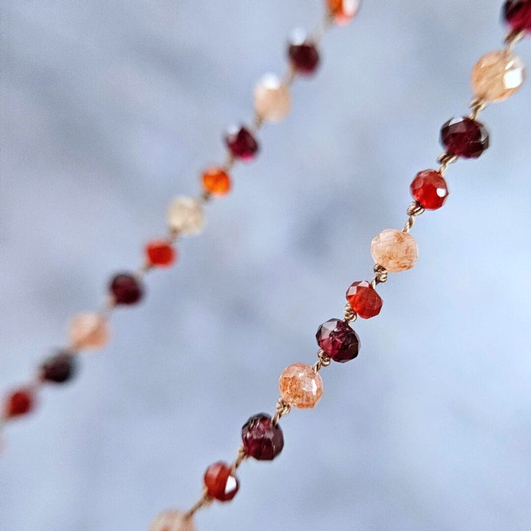 Garnet, sunstone and carnelian gemstone necklace, etched silver toggle, bead detail, Isobel Kelly Jewellery