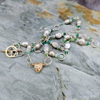 9ct gold heart chain, with silver links, baroque pearls and lab diamond, rock shot Isobel Kelly Jewellery