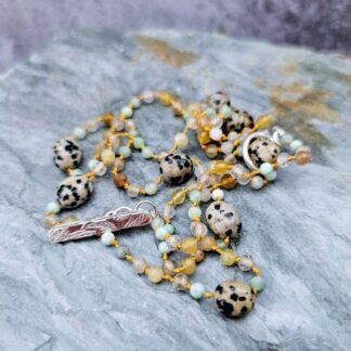 Yellow opal & rutilated quartz necklace – hand‑knotted gemstone strand