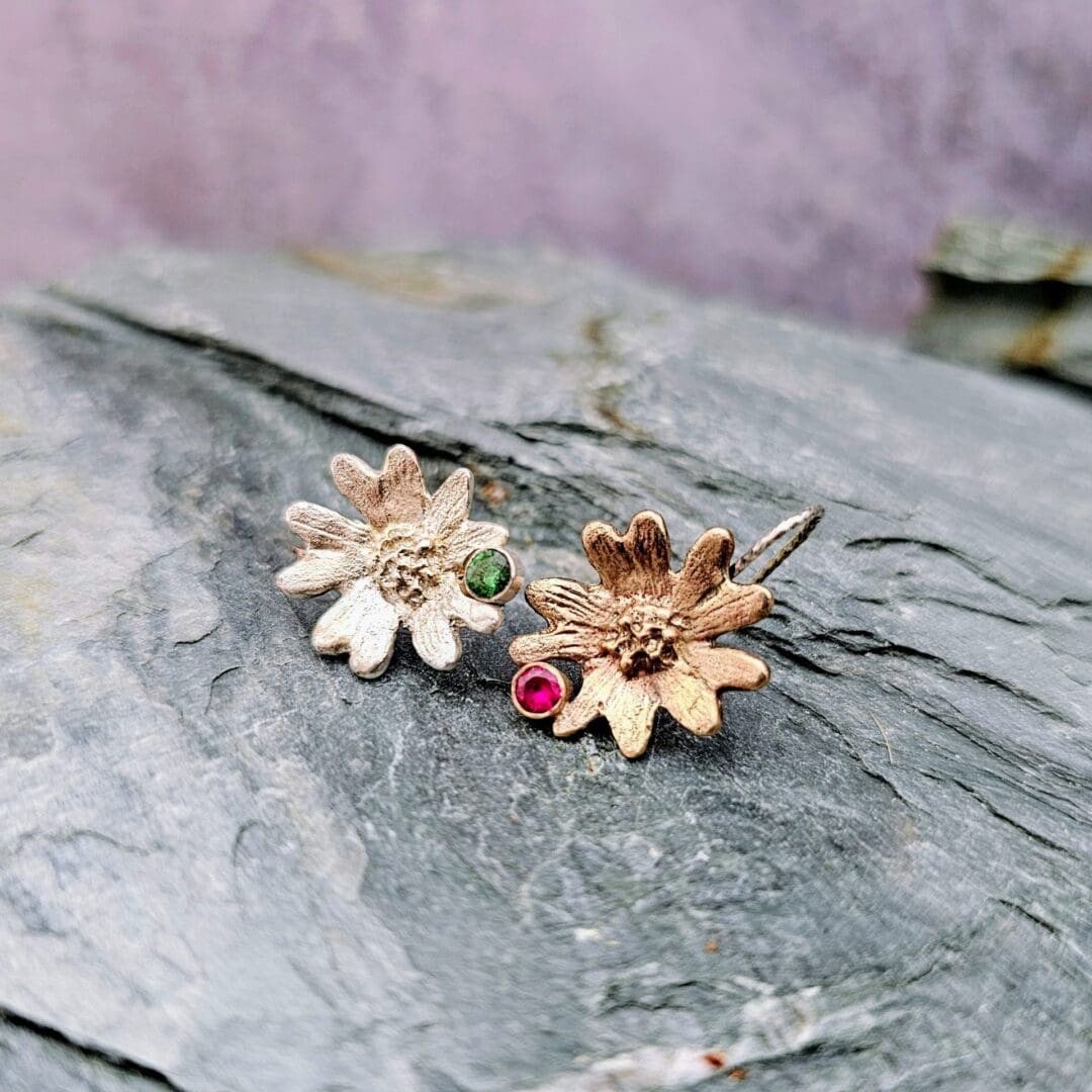 9ct gold and silver hand carved flower earrings, tsavorite and lab ruby, rock shot, Isobel Kelly Jewellery