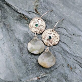 Silver disc earrings with ivy leaf and star motif, lab-emerald and moss agate briolettes, grey rock BG, Isobel Kelly Jewellery
