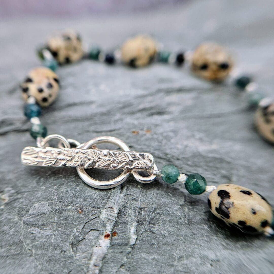 Blue tourmaline & Dalmatian jasper gemstone bracelet, toggle detail, Isobel Kelly Jewellery