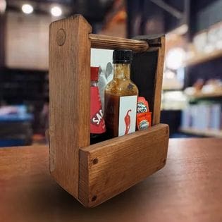 rustic table caddy made from whisky barrel oak